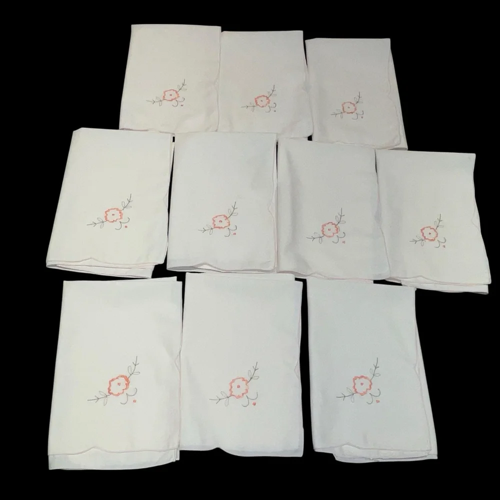 Vtg Set of 10 Embroidered Square Linen Table Napkins Light Pink Shabby Chic READ